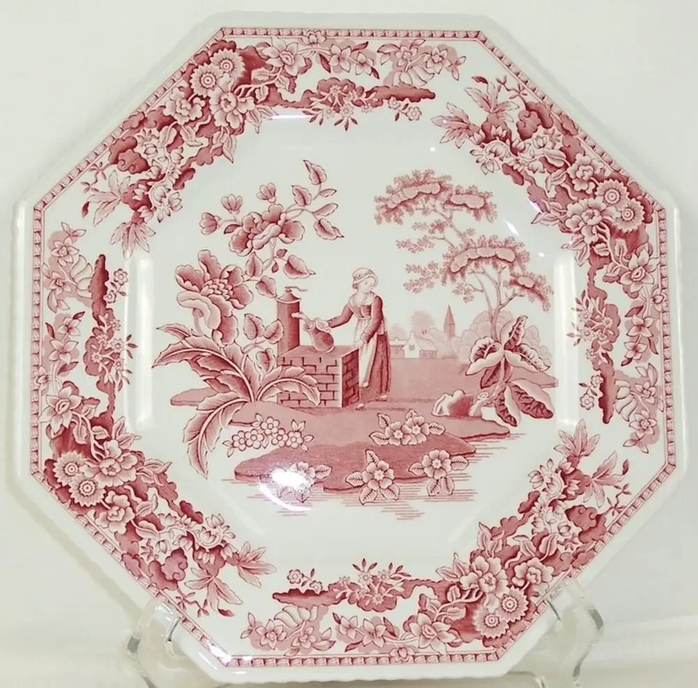 Spode Archive Sutherland Collection Girl at Well Octagonal Red Dinner Plate 10.5
